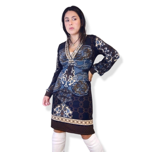 Hale Bob brown tan floral hippie balloon sleeves dress size S - Picture 5 of 5